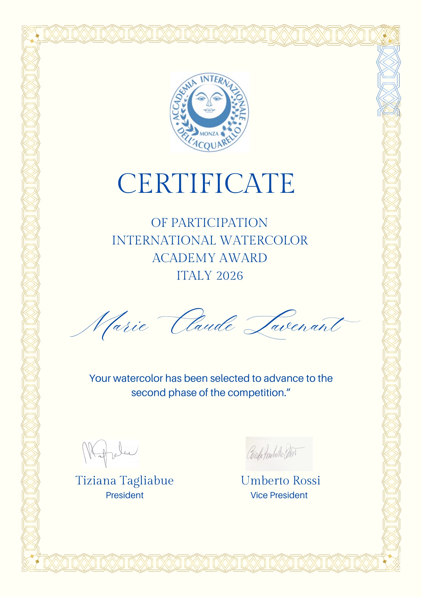 Certificat International Watercolour Award Italy